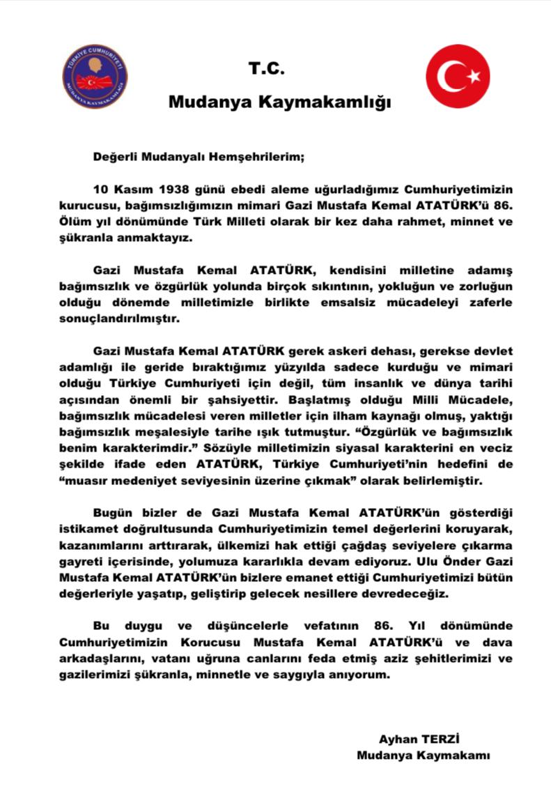 Sayın Kaymakamımız Ayhan TERZİ, Gazi Mustafa Kemal Atatürk’ün Ebediyete İntikalinin 86.Yıl Dönümü Dolayısıyla Bir Mesaj Yayınladı.